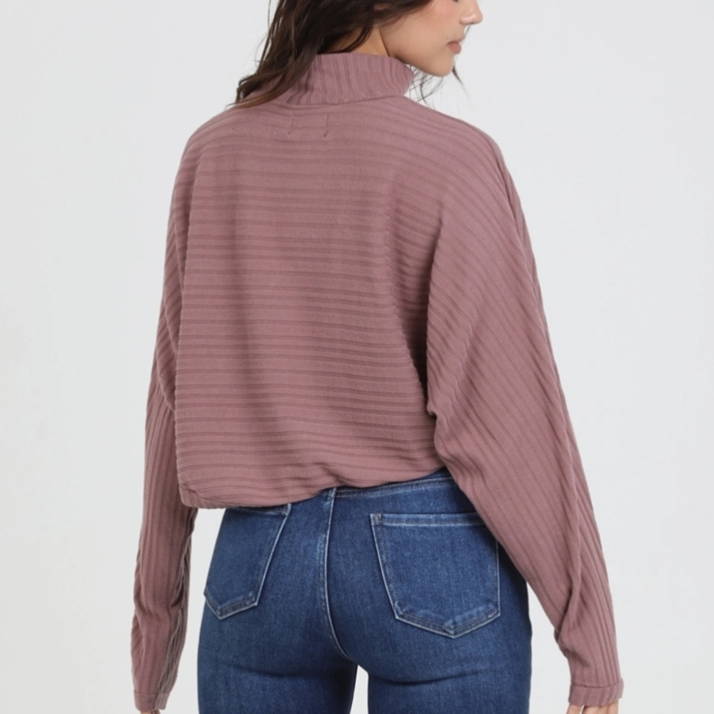 Angie Mauve Batwing Ribbed Mock Neck Long Sleeve Top - Picture 2 of 12